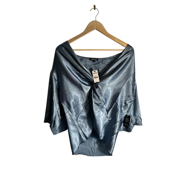 Express Satin Bell Sleeve Top Knot Front Blue Blouse Women's Size Medium NWT - Picture 4 of 5